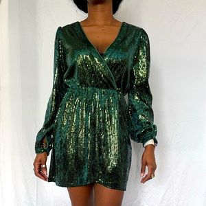 Wild Honey Sequined V neck Wrap Dress Emerald Green